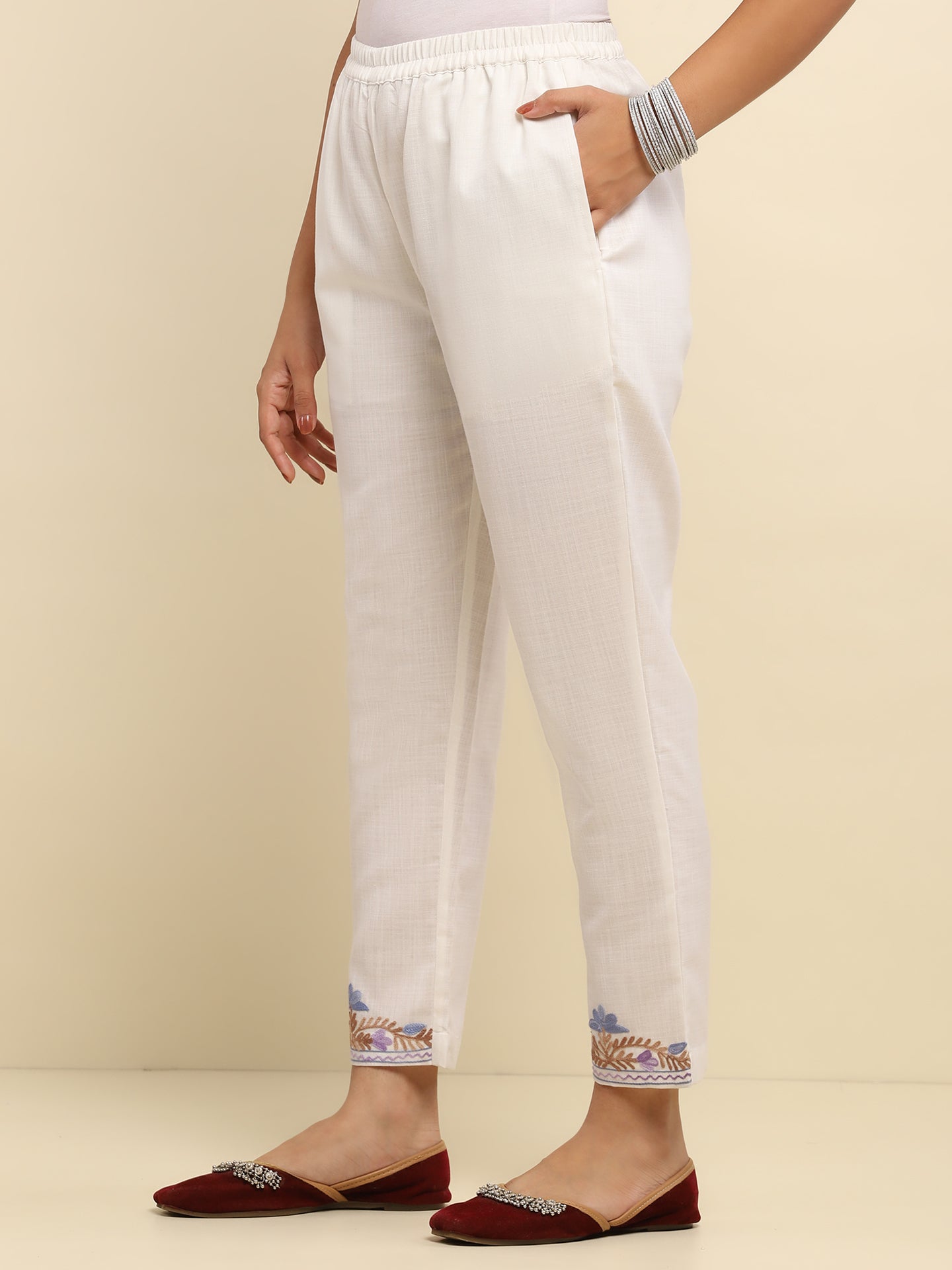 Aari Embroidered Cotton Solid Women's 2 PC Long Kurta Set- White