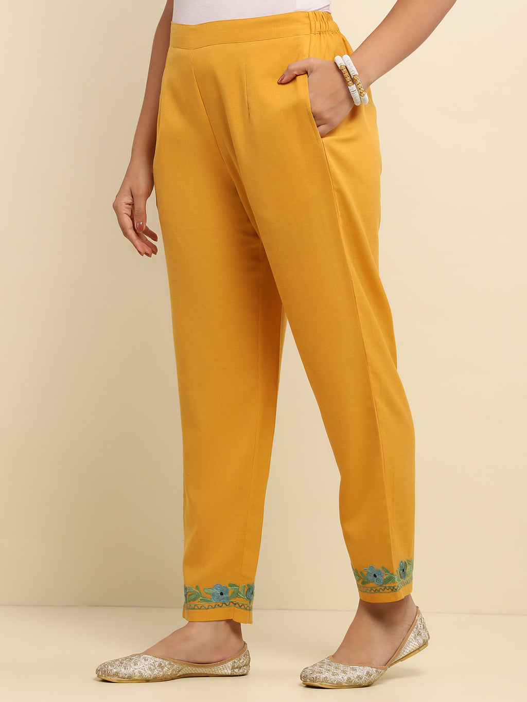 Aari Embroidered Cotton Solid Women's 2 PC Long Kurta Set- Mustard Yellow