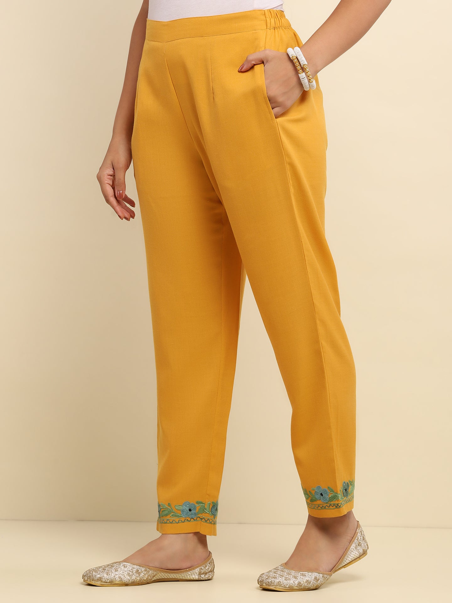 Aari Embroidered Cotton Solid Women's 2 PC Long Kurta Set- Mustard Yellow