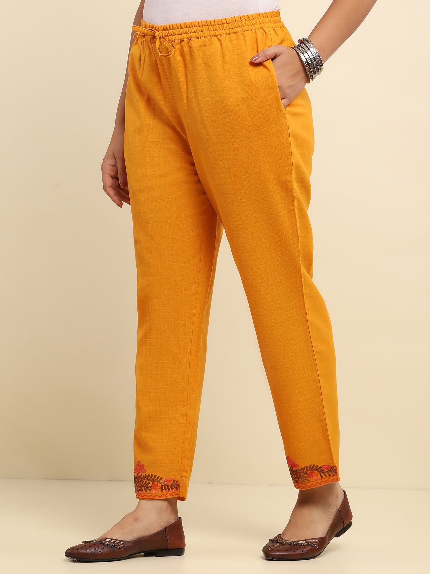 Aari Embroidered Cotton Solid Women's 2 PC Long Kurta Set- Mustard Yellow