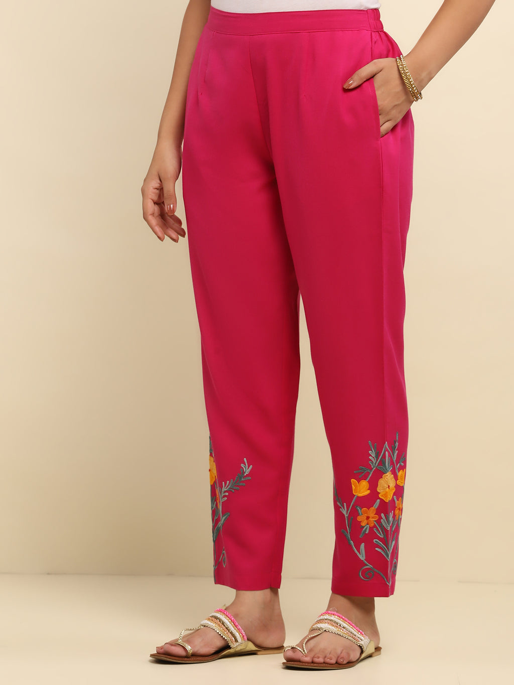 Aari Embroidered Cotton Solid Women's 2 PC Long Kurta Set- Fuchsia