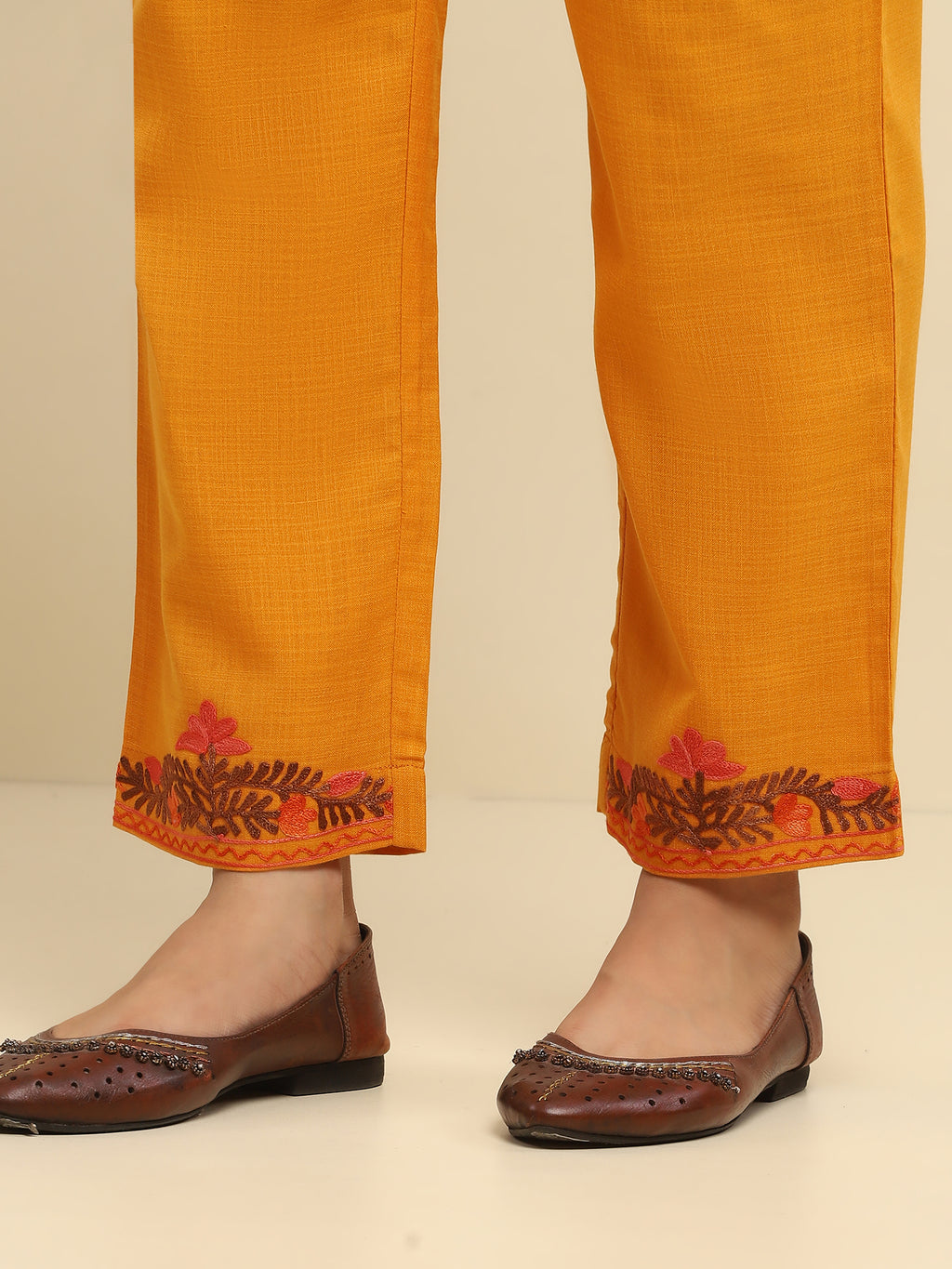 Aari Embroidered Cotton Solid Women's 2 PC Long Kurta Set- Mustard Yellow