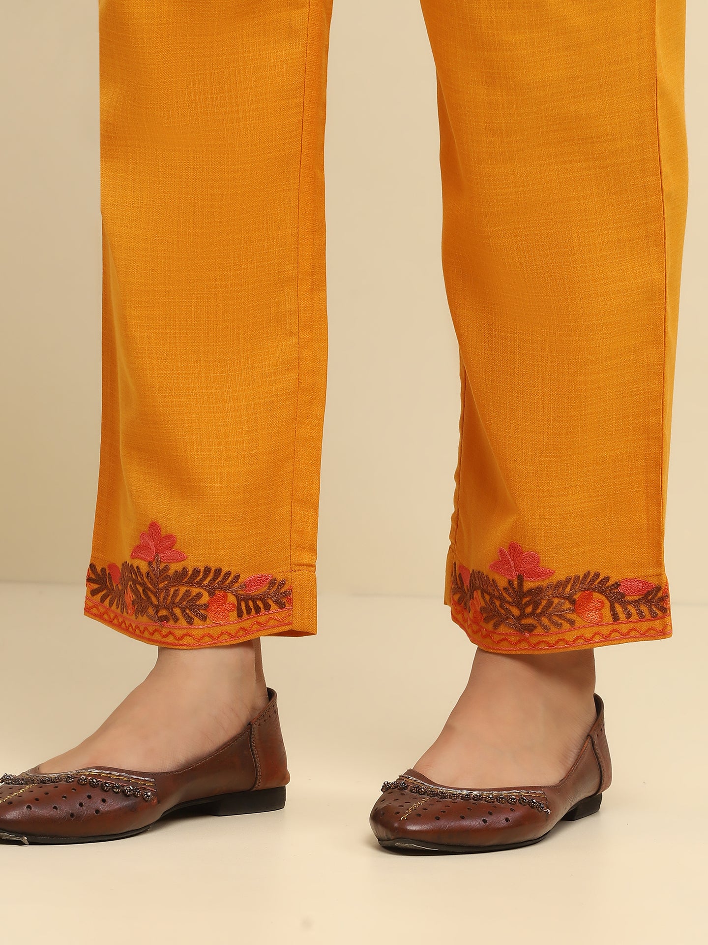 Aari Embroidered Cotton Solid Women's 2 PC Long Kurta Set- Mustard Yellow