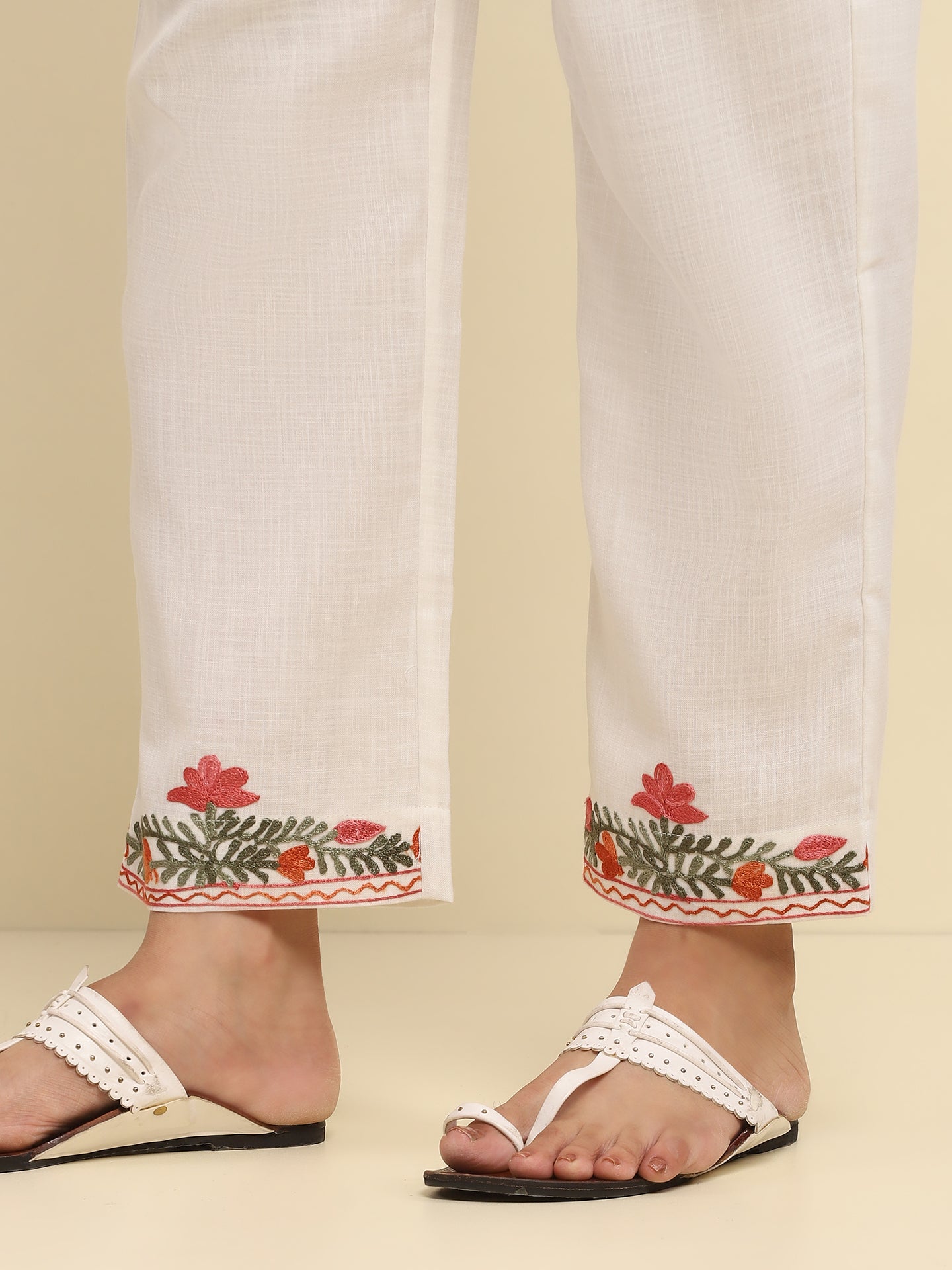 Aari Embroidered Cotton Solid Women's 2 PC Long Kurta Set- White