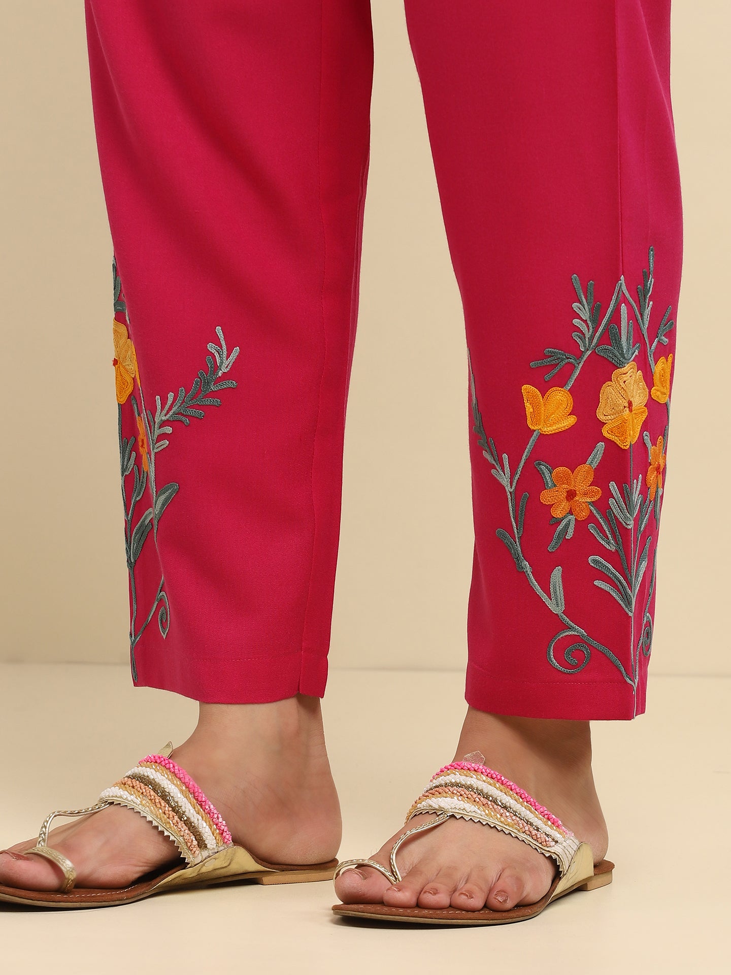 Aari Embroidered Cotton Solid Women's 2 PC Long Kurta Set- Fuchsia