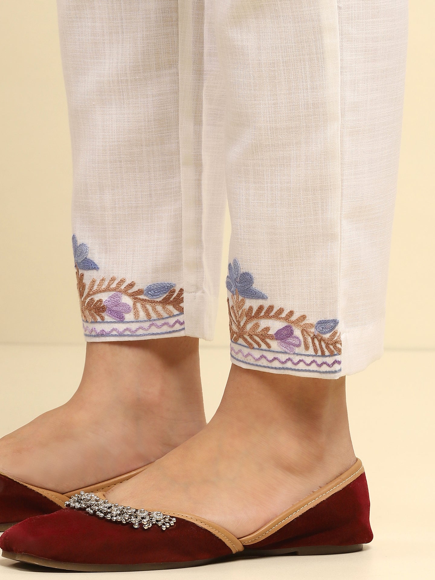 Aari Embroidered Cotton Solid Women's 2 PC Long Kurta Set- White