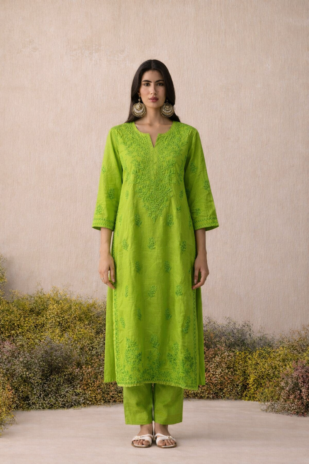 Lime Green Chikankari Long Kurta