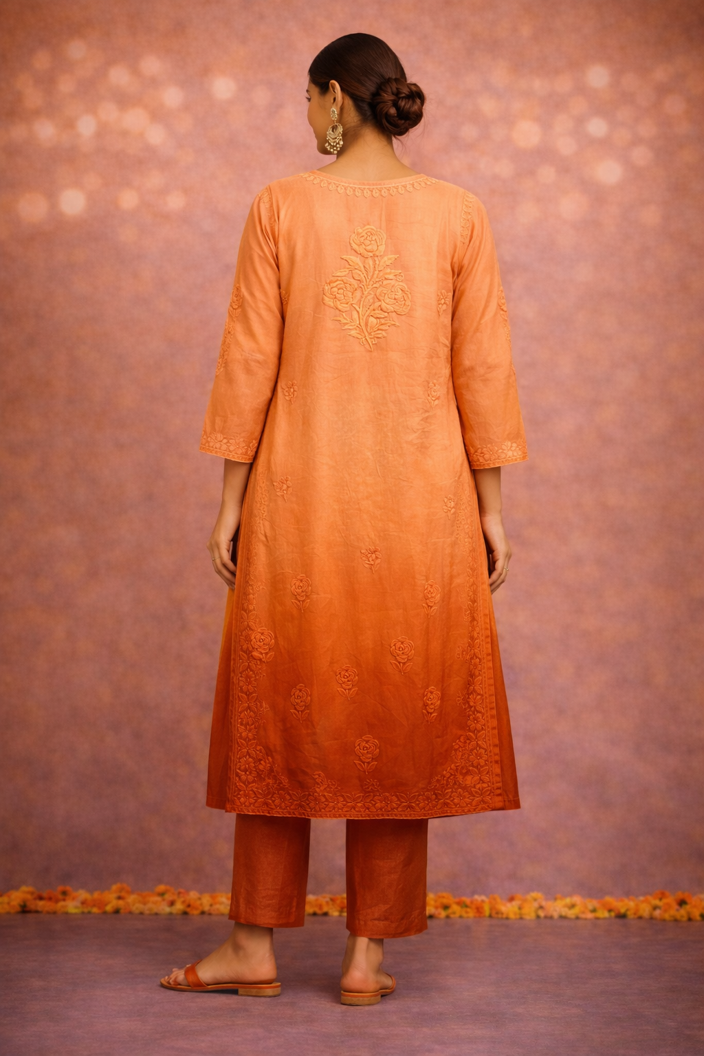 Orange ombre chikankari long kurta