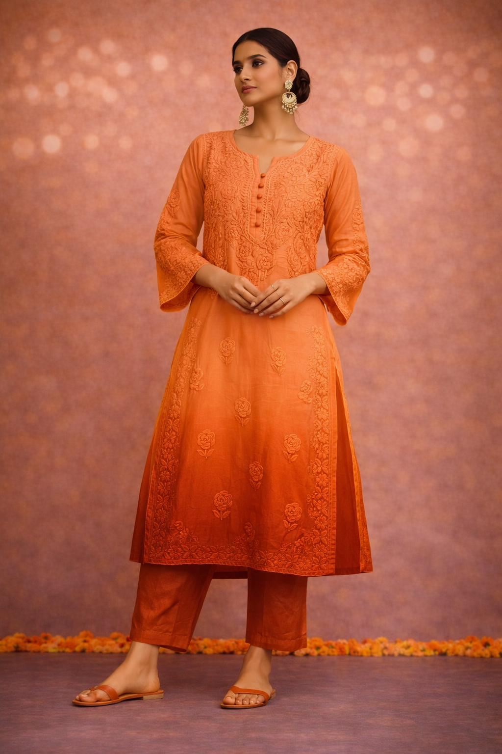 Orange ombre chikankari long kurta
