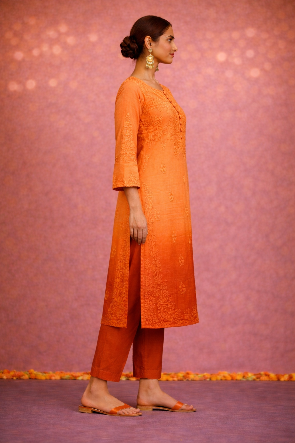 Orange ombre chikankari long kurta