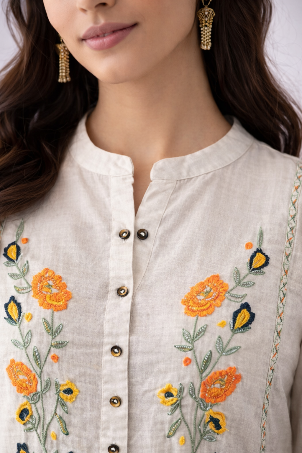 Beige Hand-Embroidered Short kurta