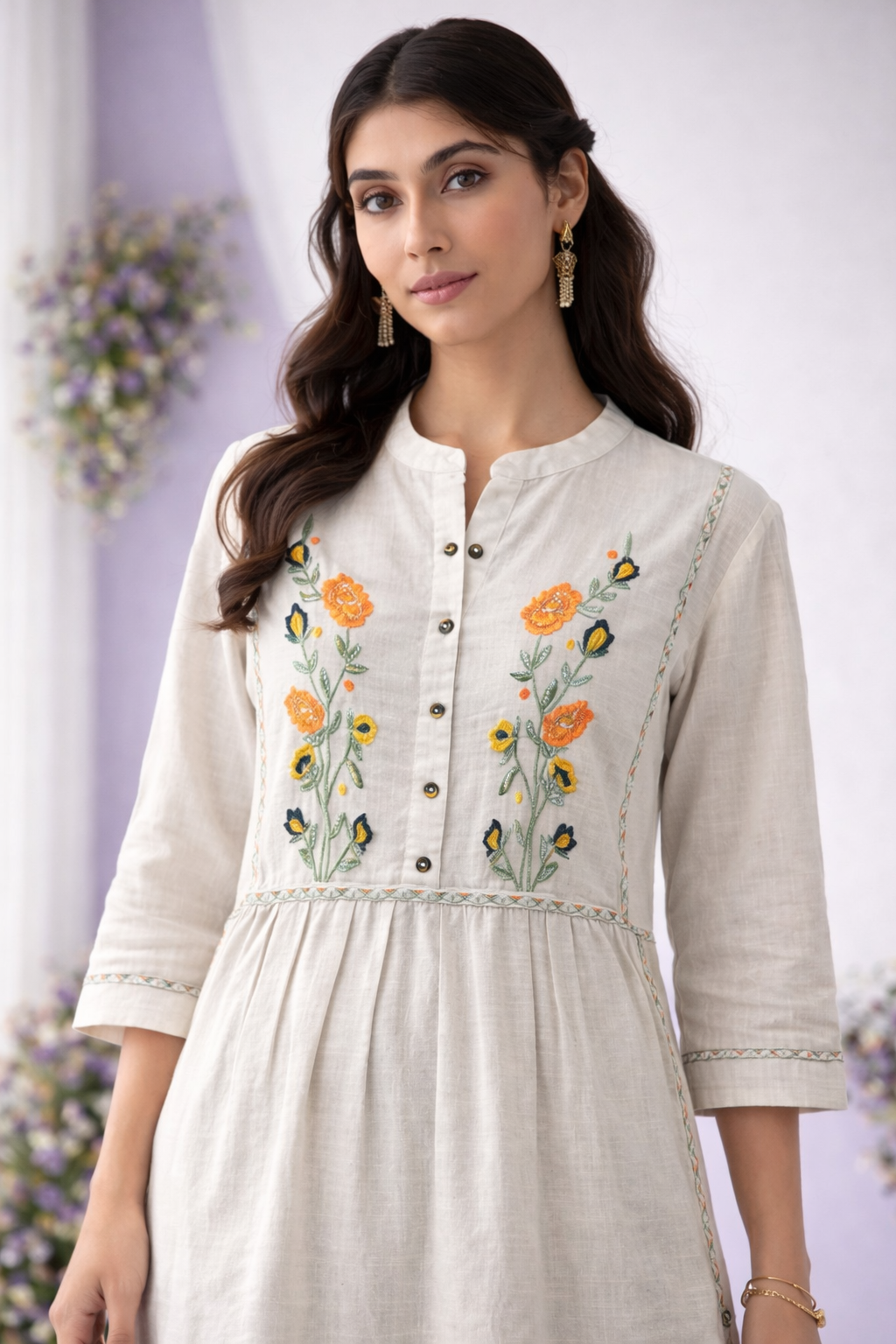 Beige Hand-Embroidered Short kurta