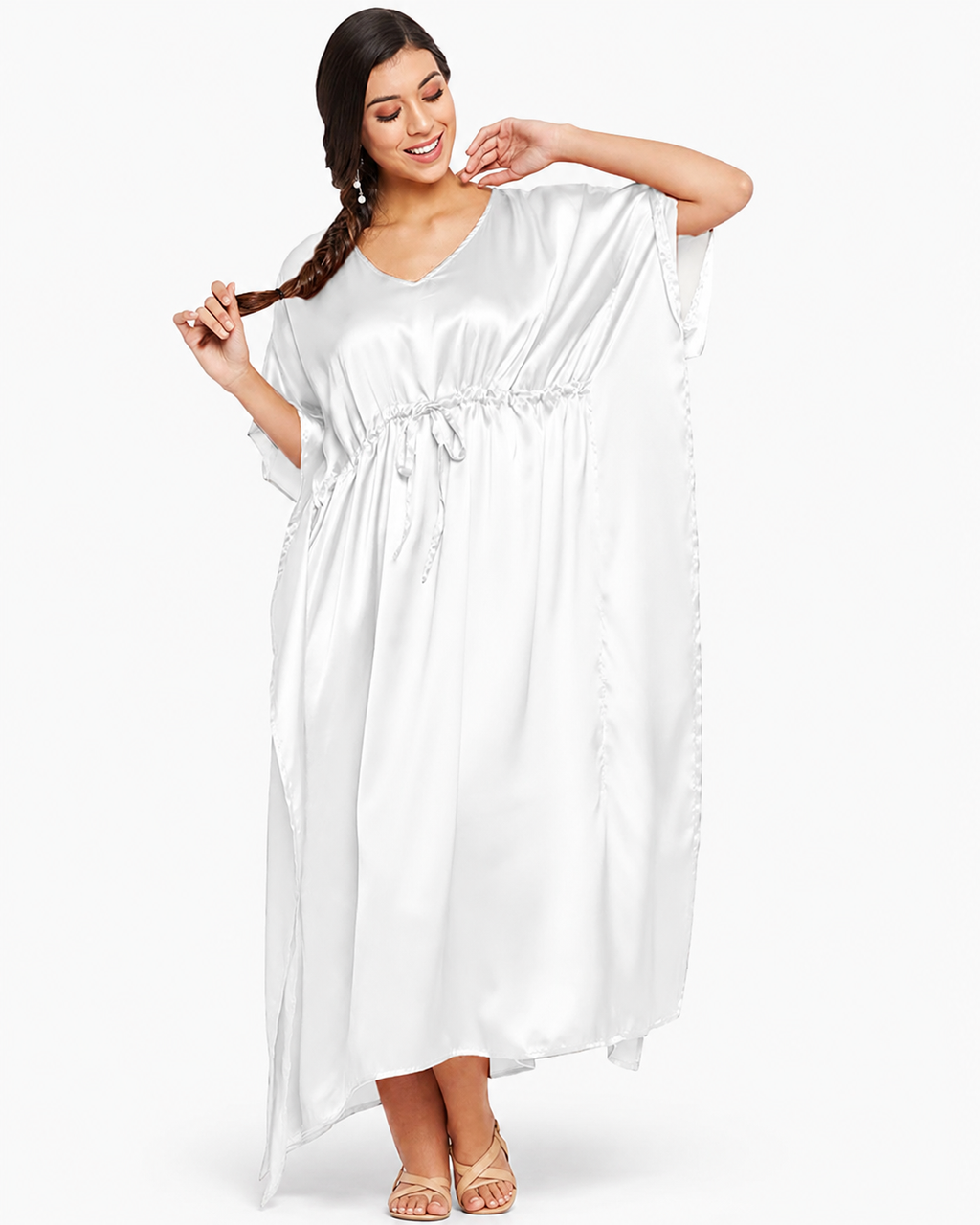White Modal Satin Summer Kaftaan with Drawstring Waist