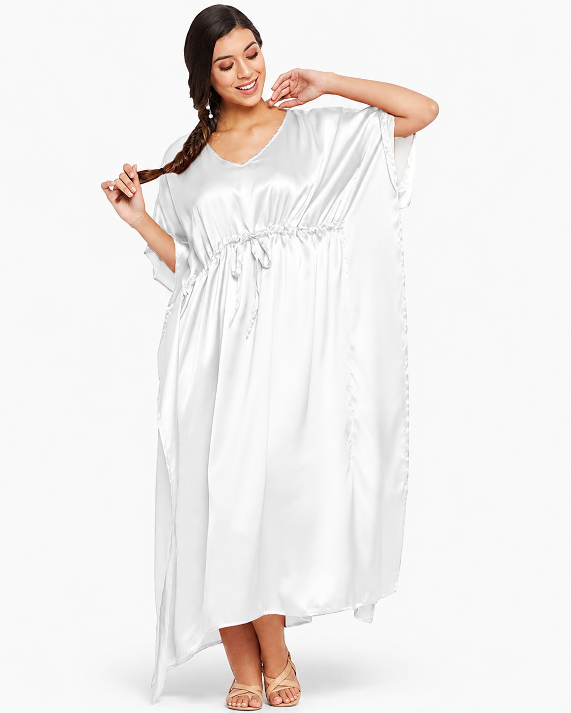 White Modal Satin Summer Kaftaan with Drawstring Waist
