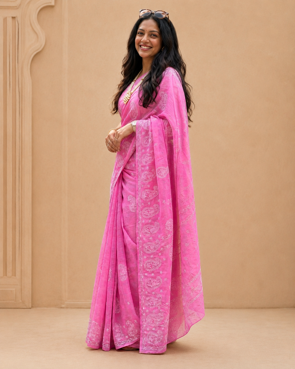 Pink Cotton Stitched Saree with Embroidered Detailing & Separate Blouse Piece