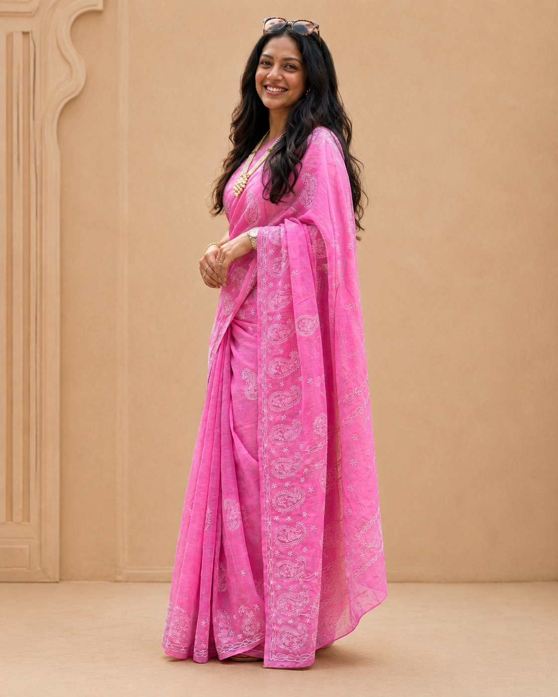 Pink Cotton Stitched Saree with Embroidered Detailing & Separate Blouse Piece