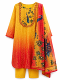 Ombre Hand Printed & Hand Embroidered Kurta Set with Dupatta-Red and Yellow