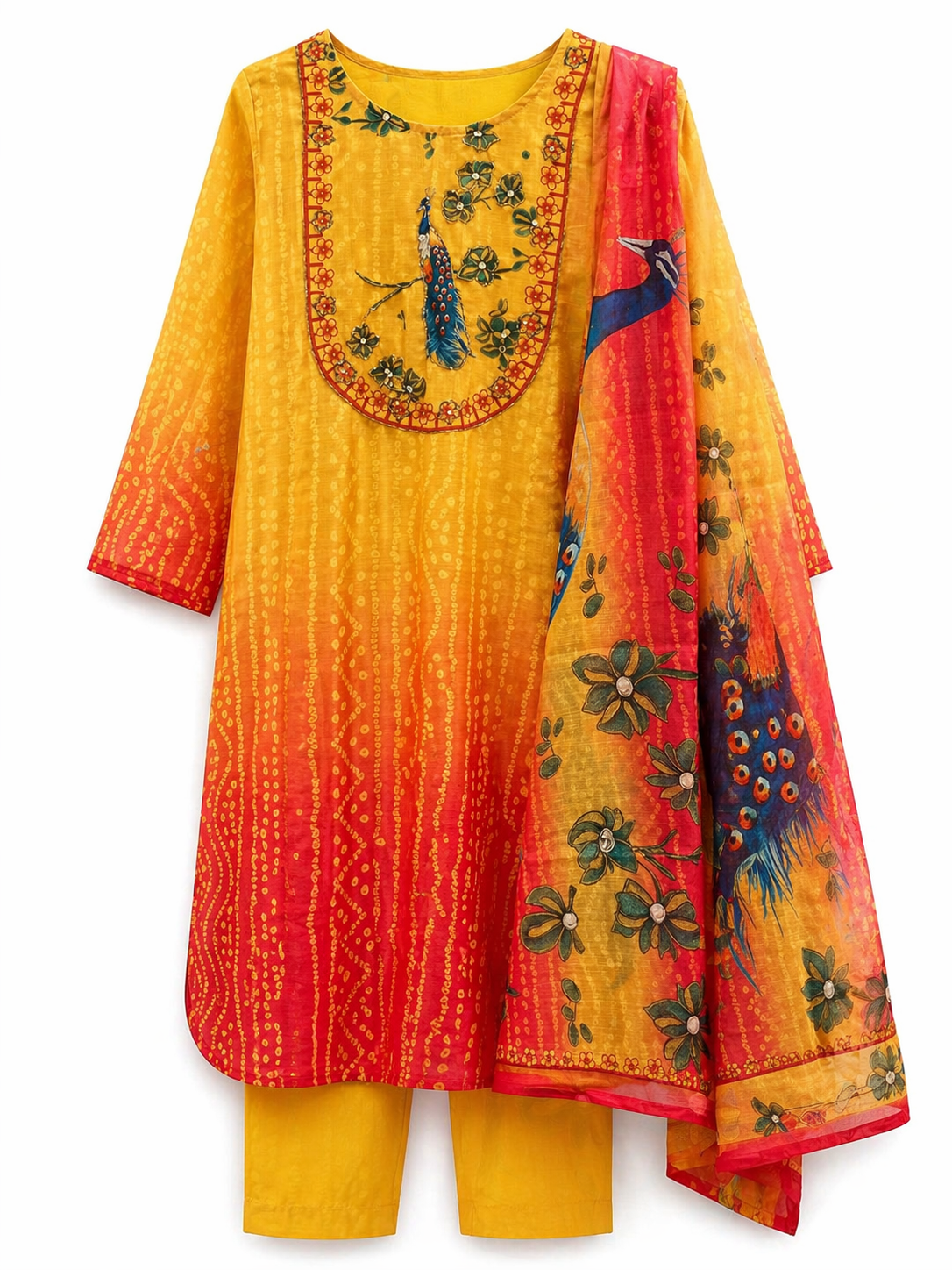 Ombre Hand Printed & Hand Embroidered Kurta Set with Dupatta-Red and Yellow