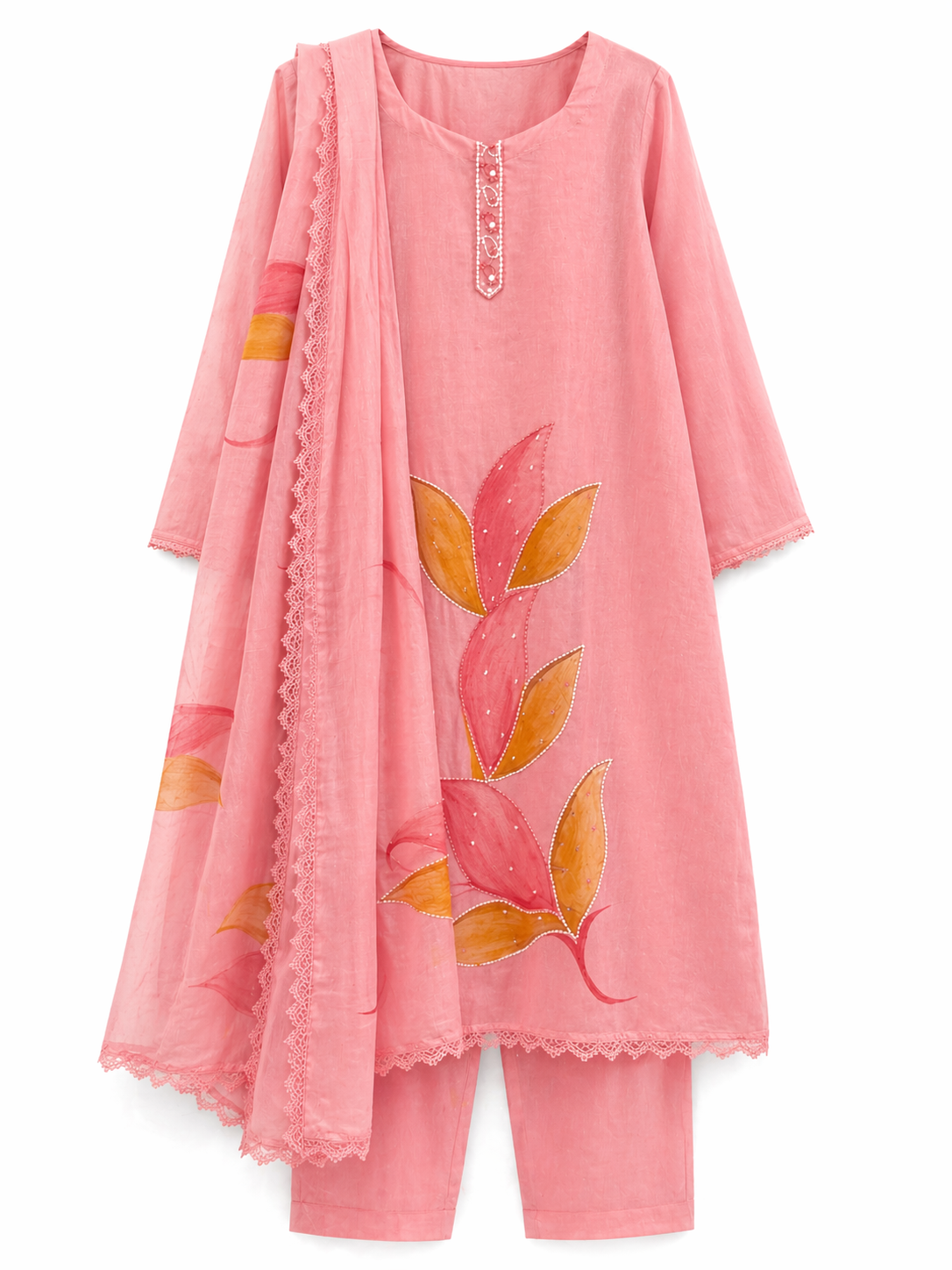 Viscose Hand Embroidered and hand printed Kurta Set with Dupatta- Pink