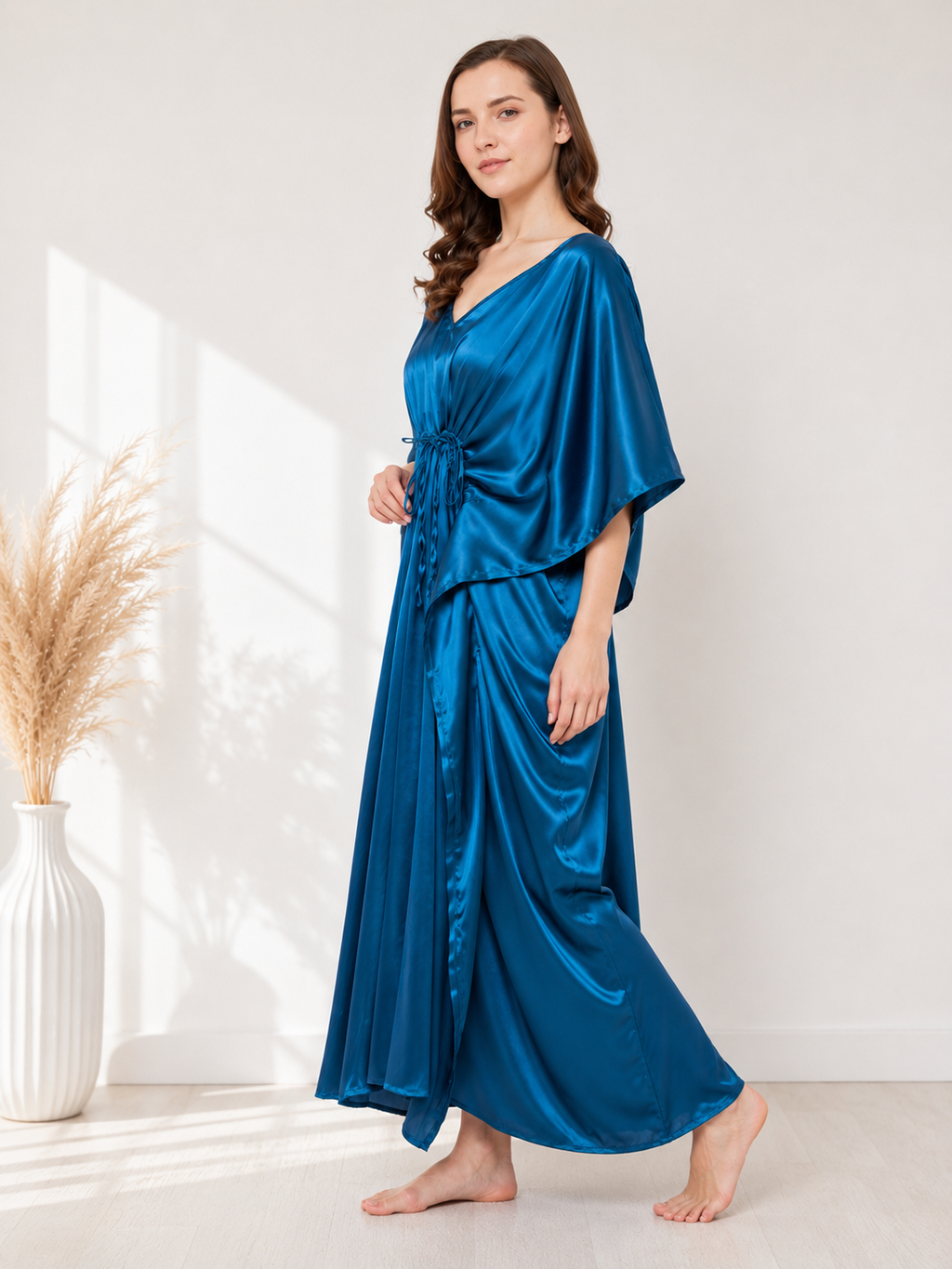 Royal Blue Modal satin Satin Summer Kaftaan with Drawstring Waist