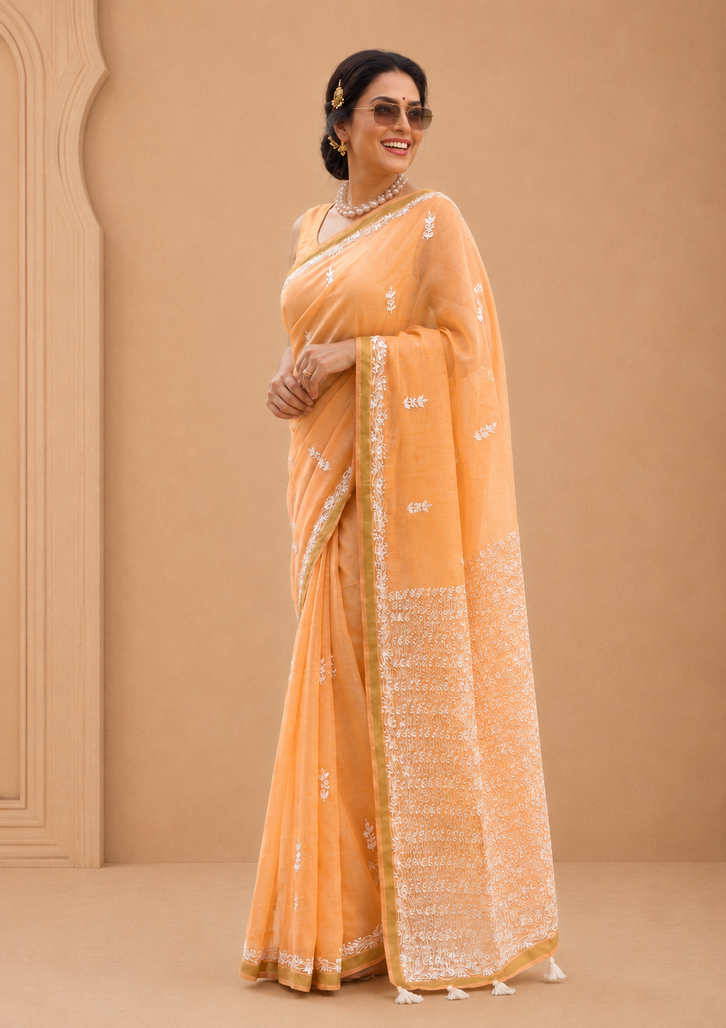 Orange Chanderi Silk Saree with Intricate Embroidery & Tassel Pallu