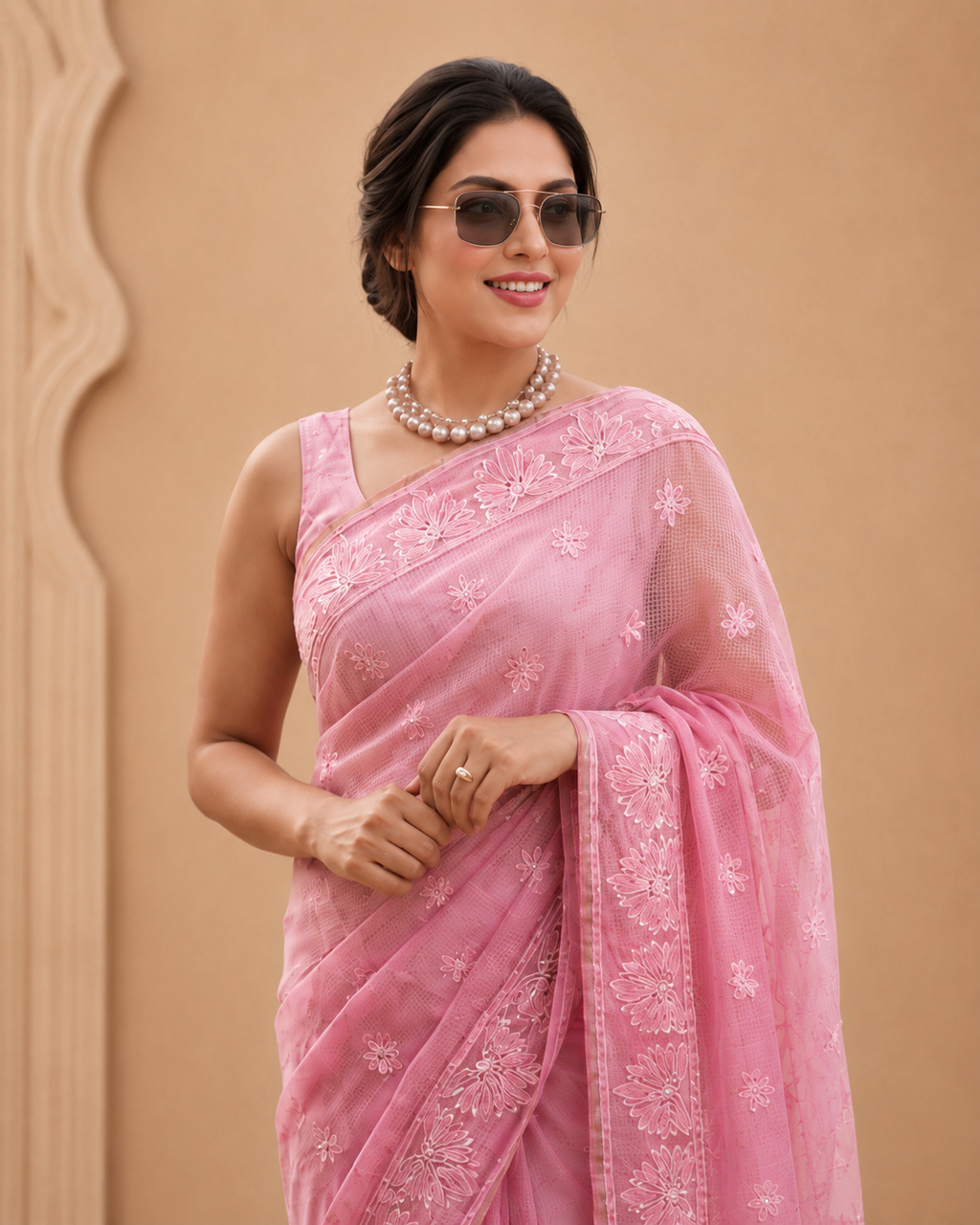 Pink Chanderi Silk Saree with Intricate Embroidery & Tassel Pallu