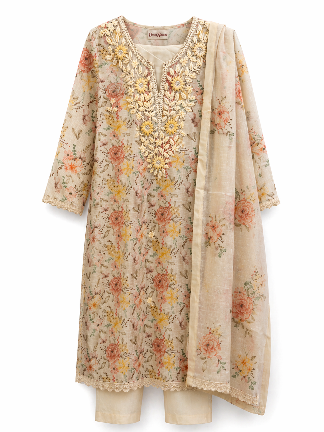 Cotton Hand Embroidered Printed Kurta Set with Dupatta- Beige