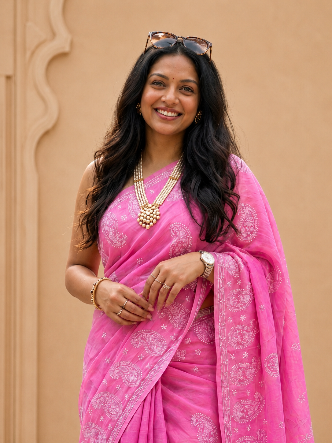 Pink Cotton Stitched Saree with Embroidered Detailing & Separate Blouse Piece