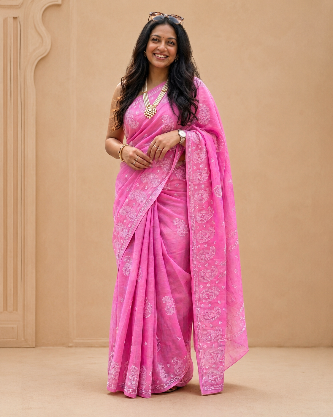 Pink Cotton Stitched Saree with Embroidered Detailing & Separate Blouse Piece
