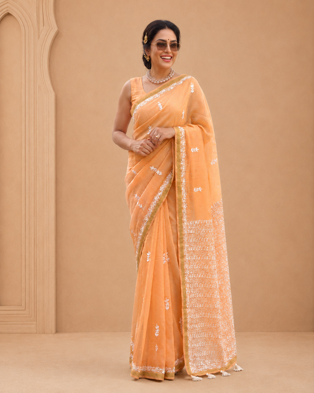 Orange Chanderi Silk Saree with Intricate Embroidery & Tassel Pallu