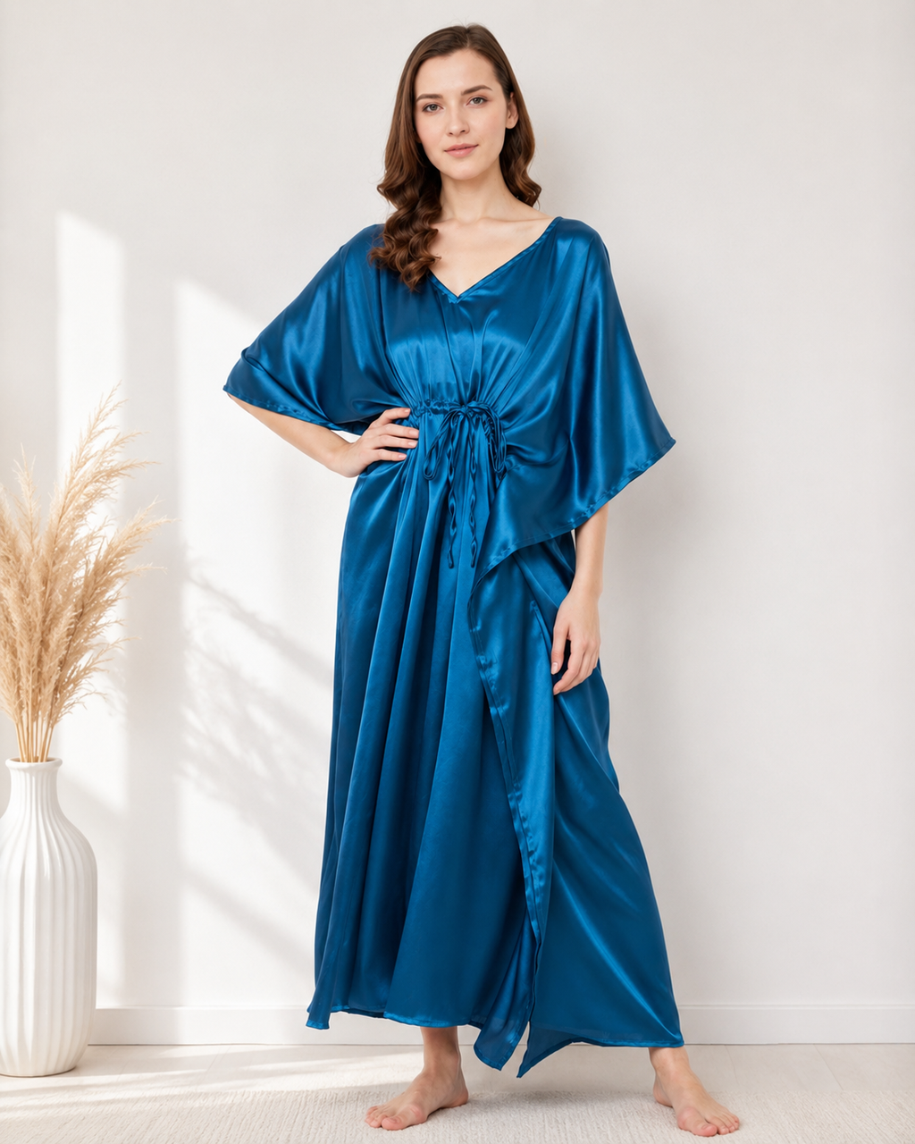Royal Blue Modal satin Satin Summer Kaftaan with Drawstring Waist