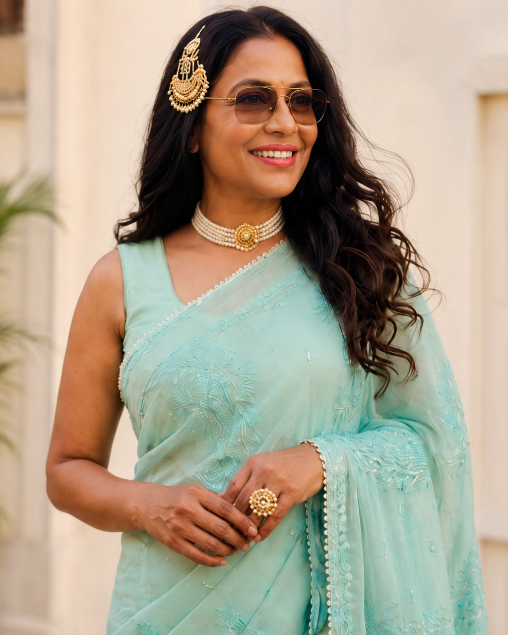 Sage green Georgette Saree with Intricate Embroidery & Tassel Pallu