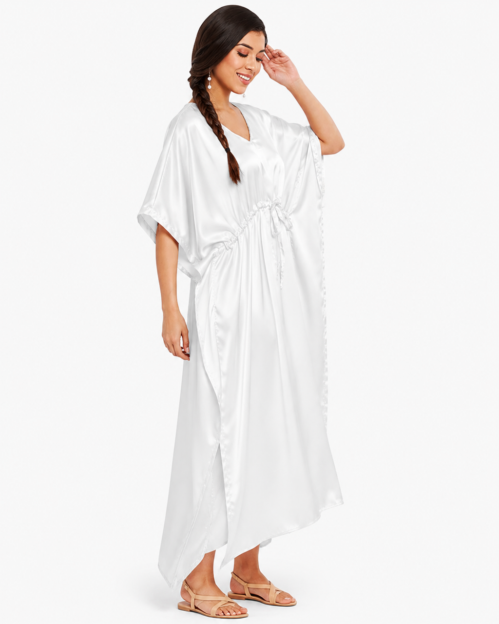 White Modal Satin Summer Kaftaan with Drawstring Waist
