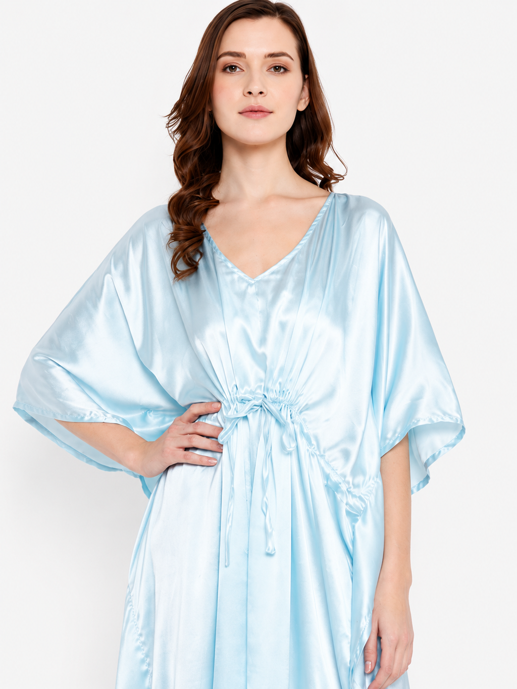 Sky blue Satin Summer Kaftaan with Drawstring Waist