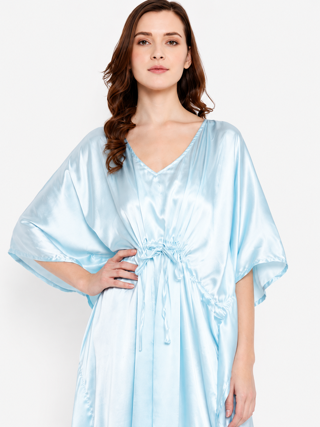 Sky blue Satin Summer Kaftaan with Drawstring Waist