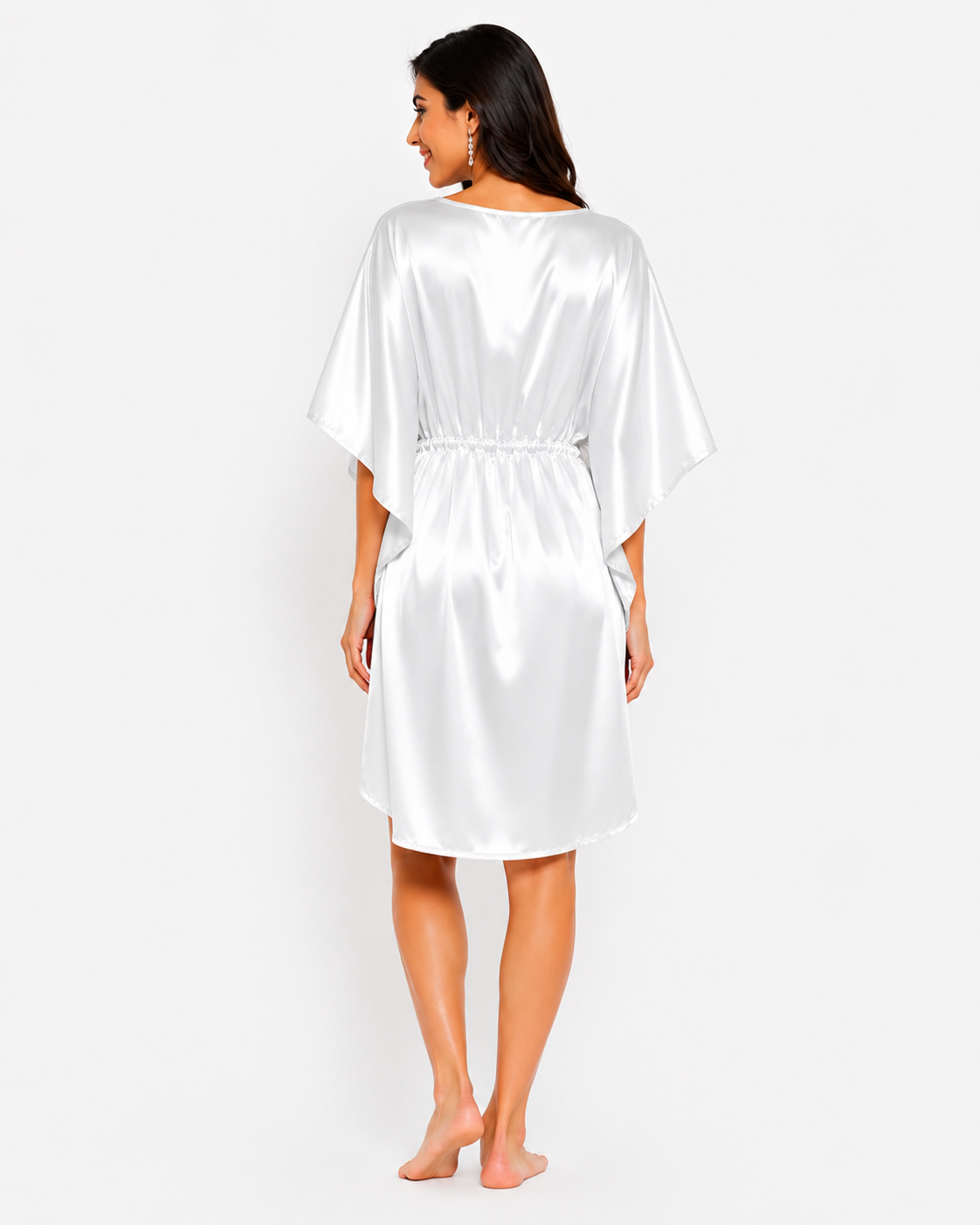White Modal Satin Summer short Kaftaan with Drawstring Waist
