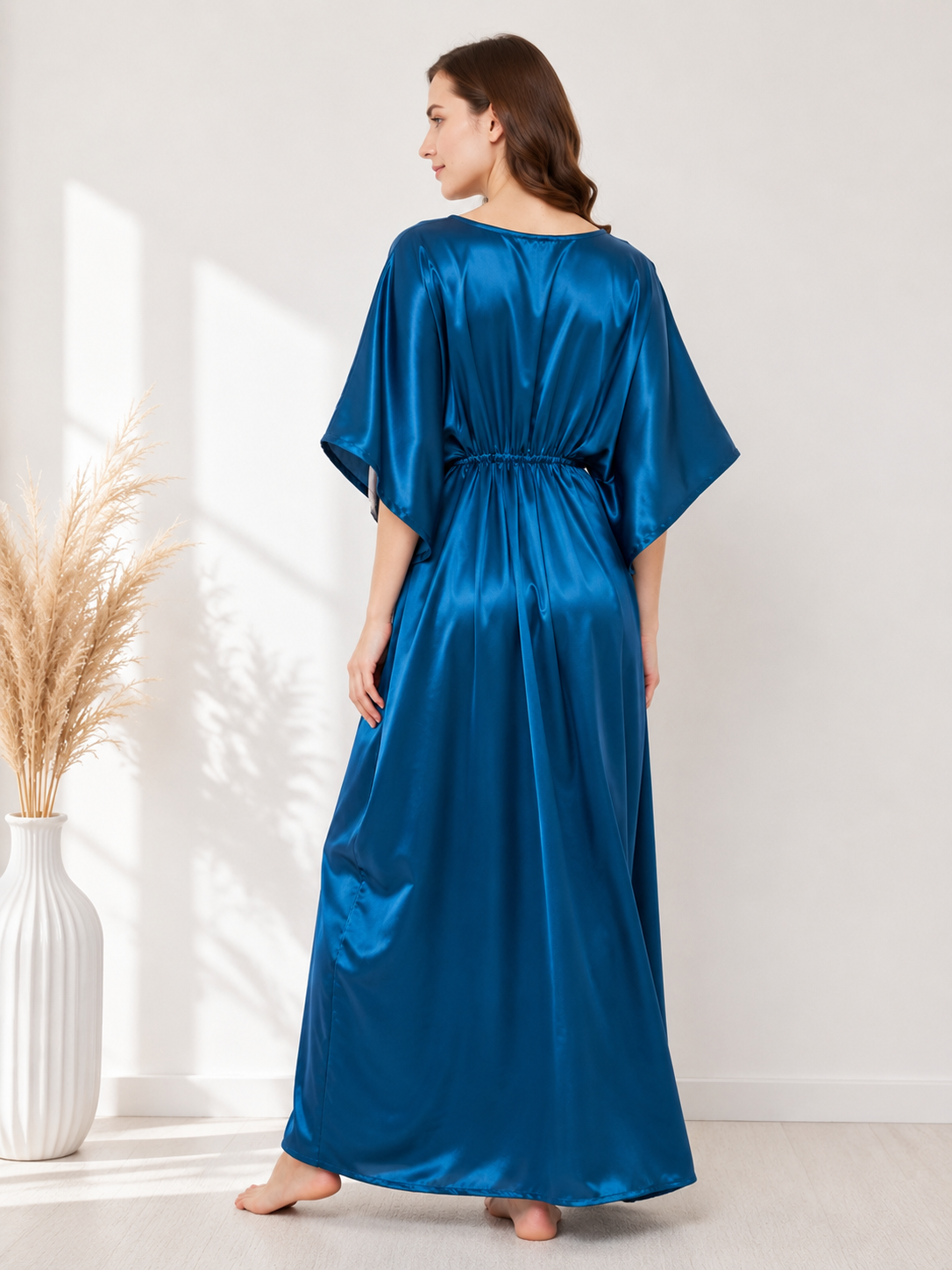 Royal Blue Modal satin Satin Summer Kaftaan with Drawstring Waist