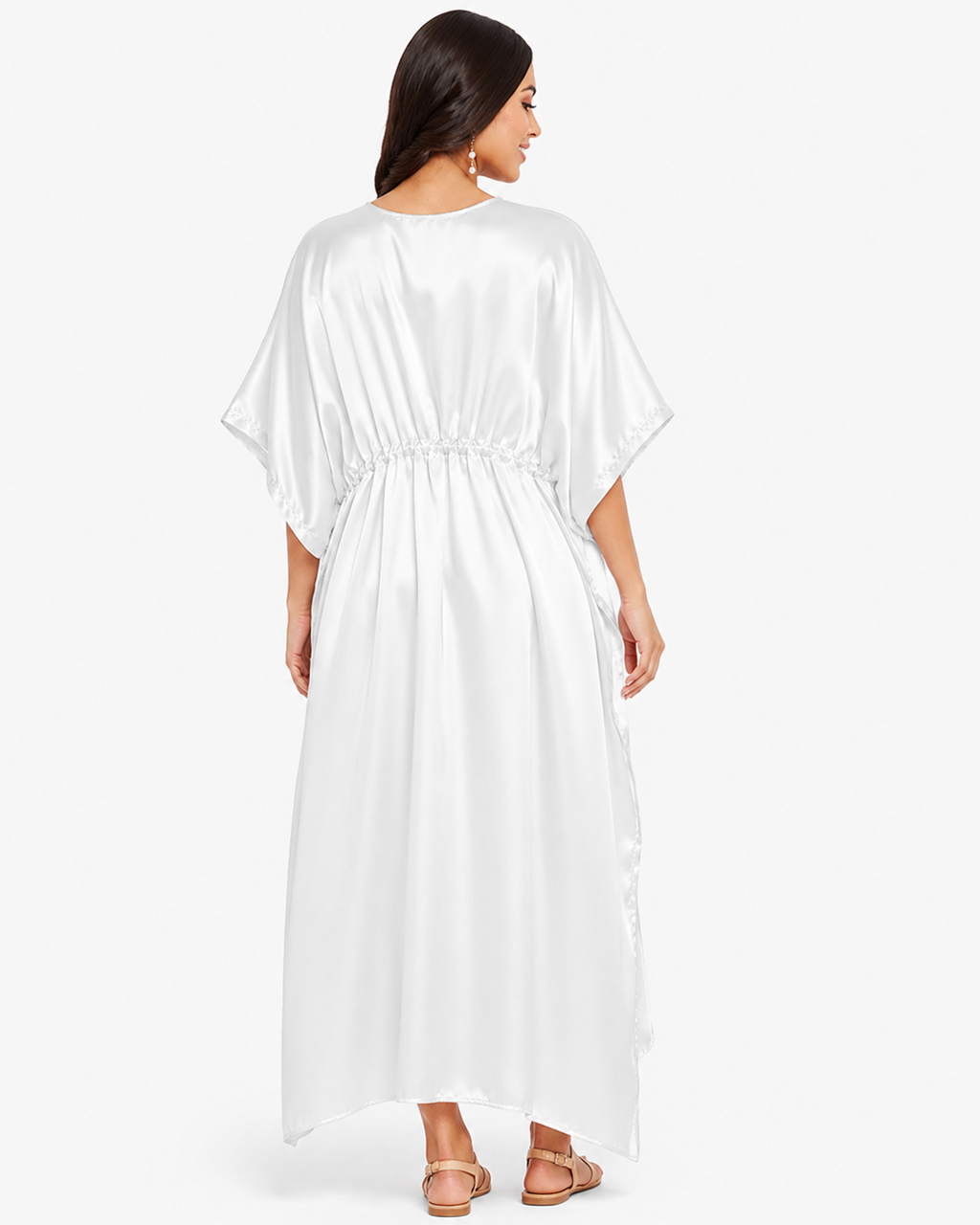 White Modal Satin Summer Kaftaan with Drawstring Waist