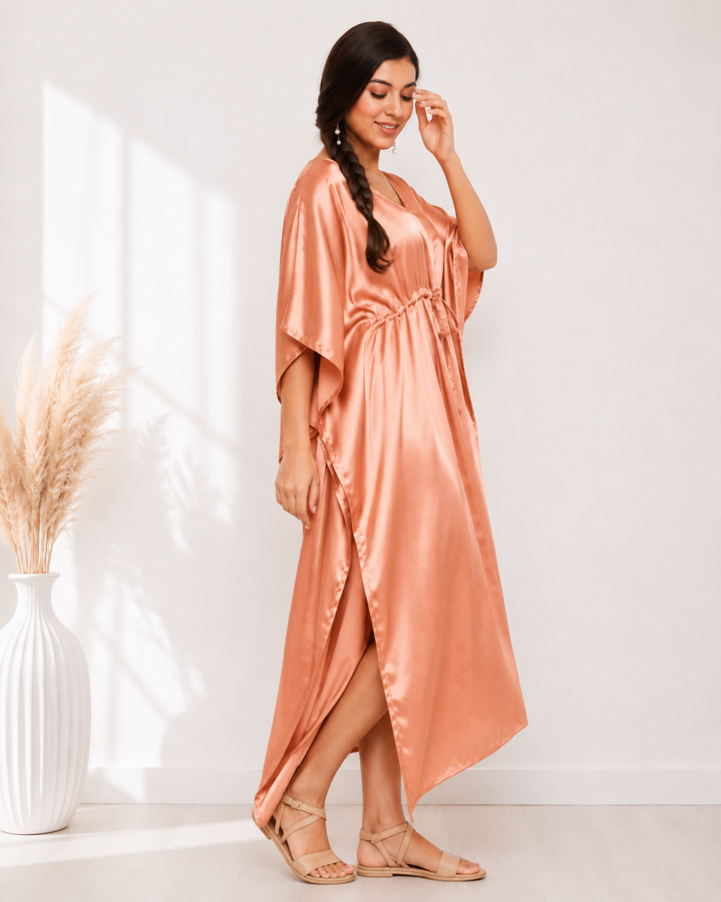 Peach Modal Satin Summer Kaftaan with Drawstring Waist