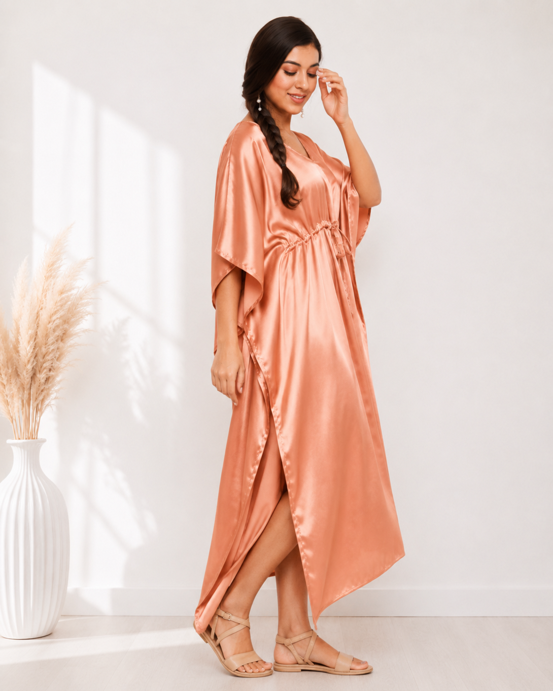 Peach Modal Satin Summer Kaftaan with Drawstring Waist