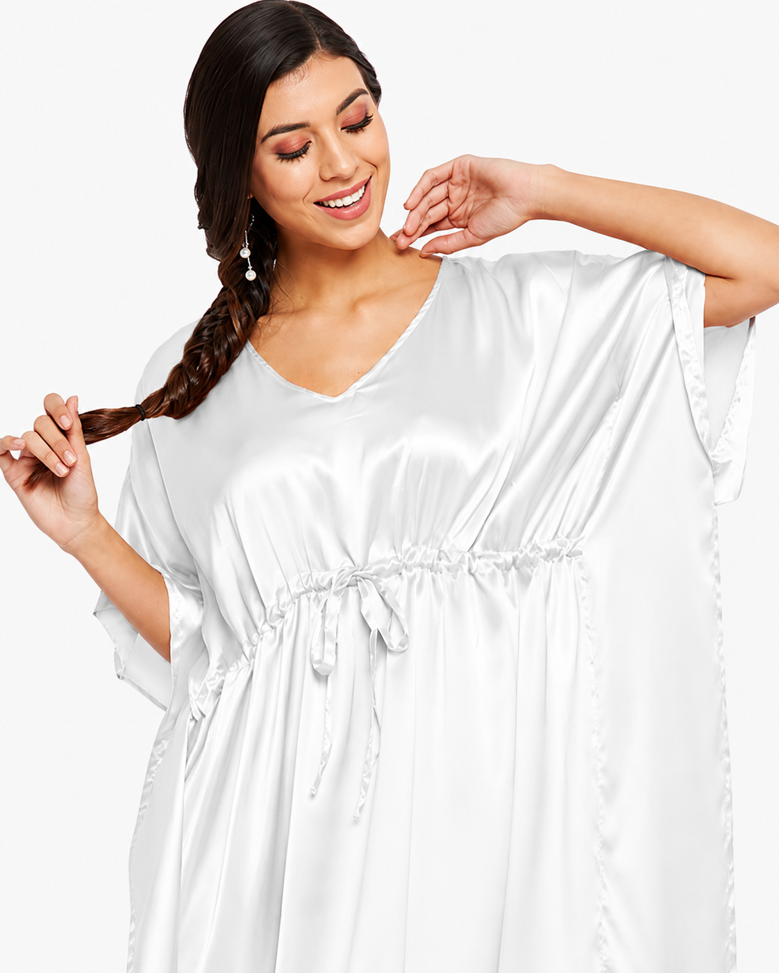 White Modal Satin Summer Kaftaan with Drawstring Waist