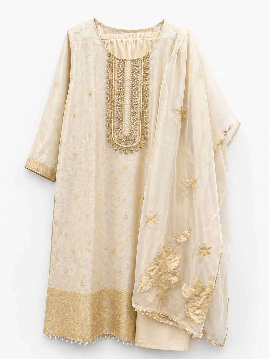 Silk Hand Embroidered Kurta Set with Dupatta- Beige