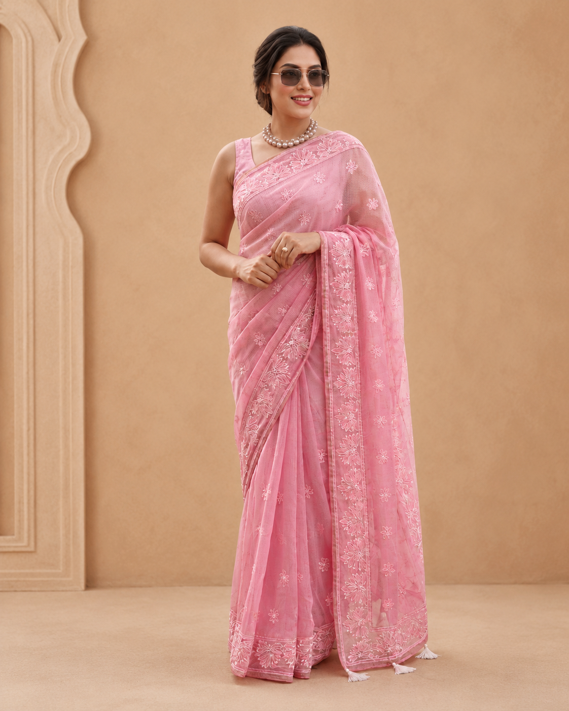 Pink Chanderi Silk Saree with Intricate Embroidery & Tassel Pallu