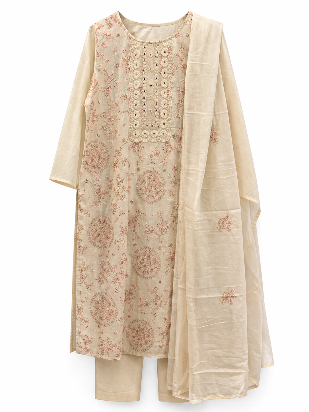 Cotton Hand Embroidered Kurta Set with Dupatta- Beige