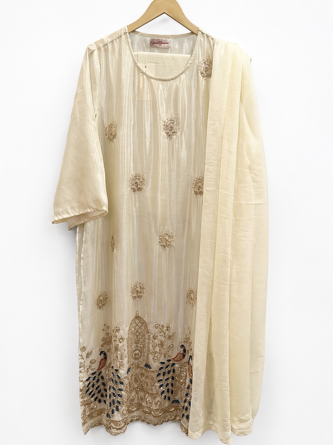 Hand Embroidered Kurta Set with Dupatta- Beige