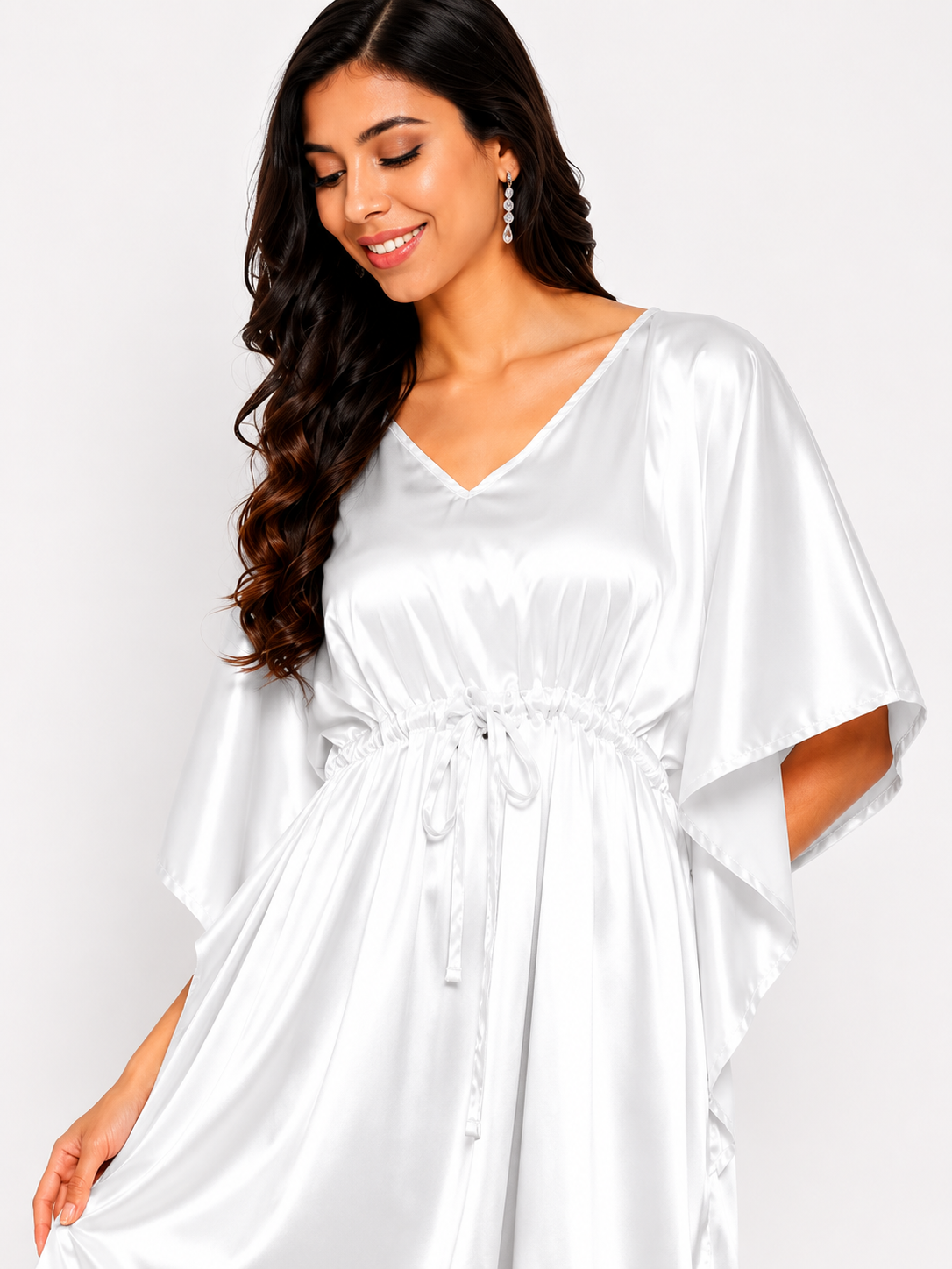 White Modal Satin Summer short Kaftaan with Drawstring Waist