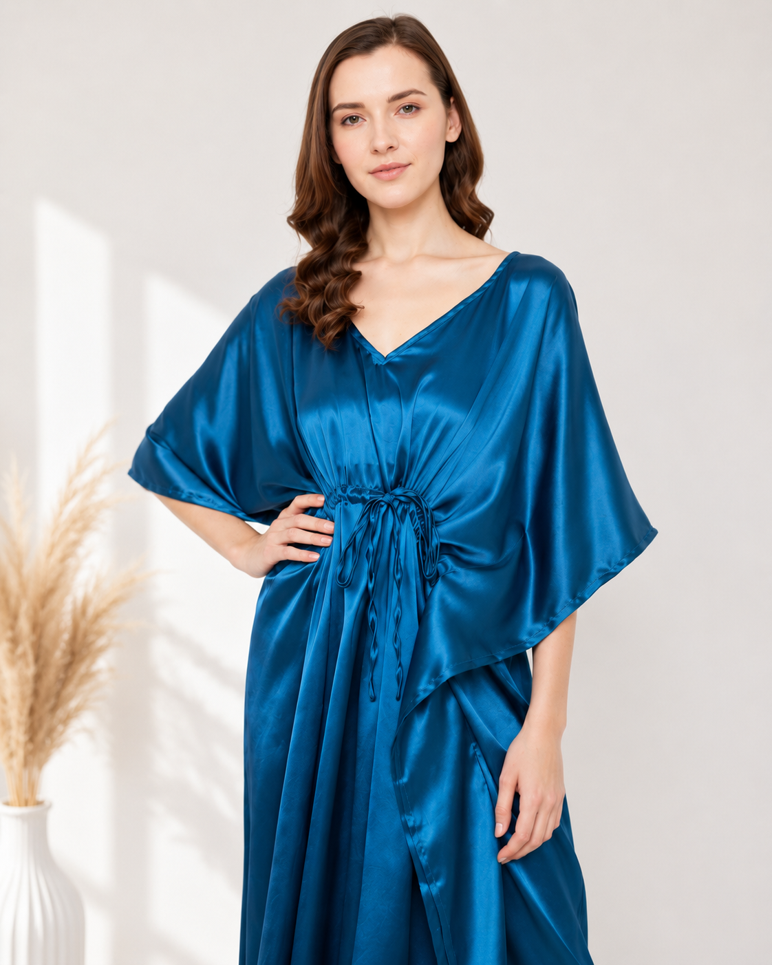Royal Blue Modal satin Satin Summer Kaftaan with Drawstring Waist
