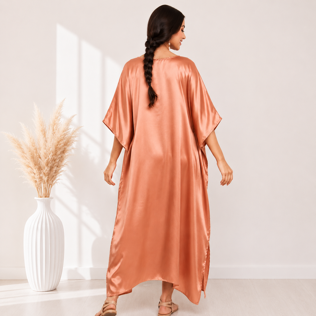 Peach Modal Satin Summer Kaftaan with Drawstring Waist