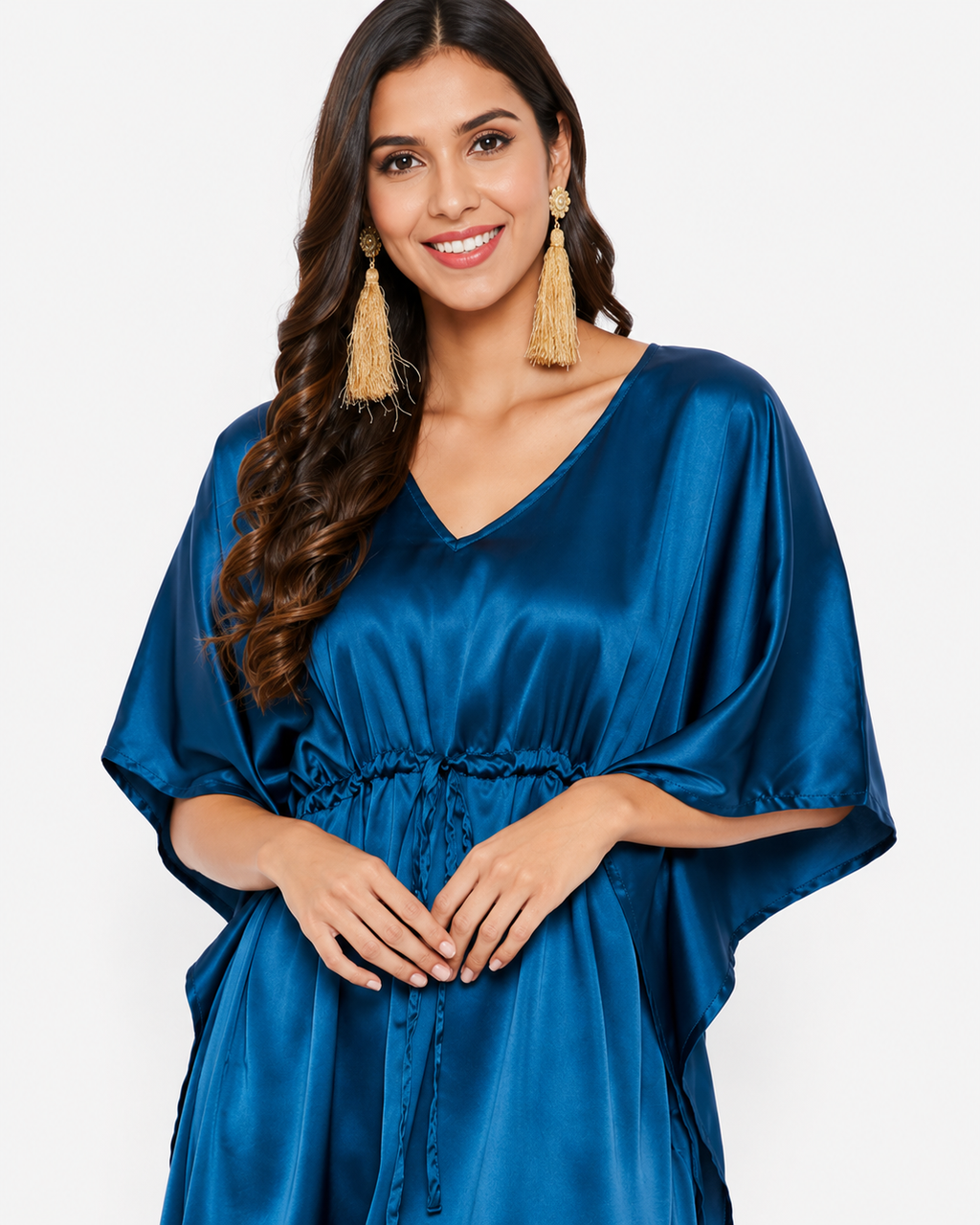 Royal blue Modal satin Summer short Kaftaan with Drawstring Waist