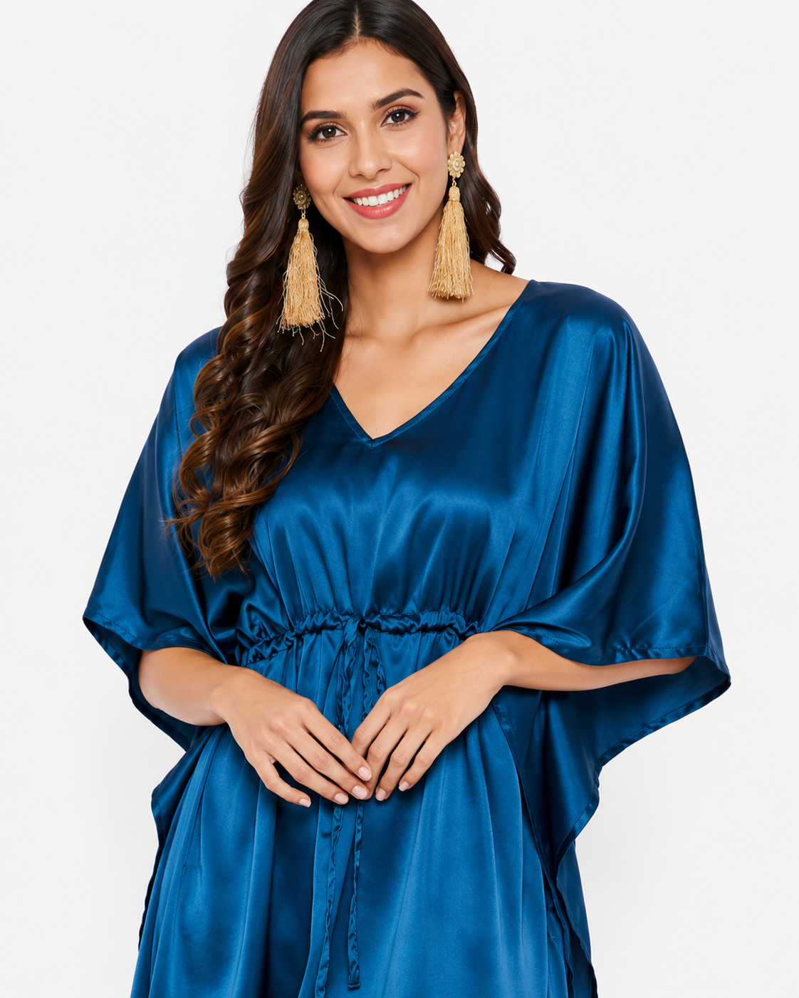 Royal blue Modal satin Summer short Kaftaan with Drawstring Waist